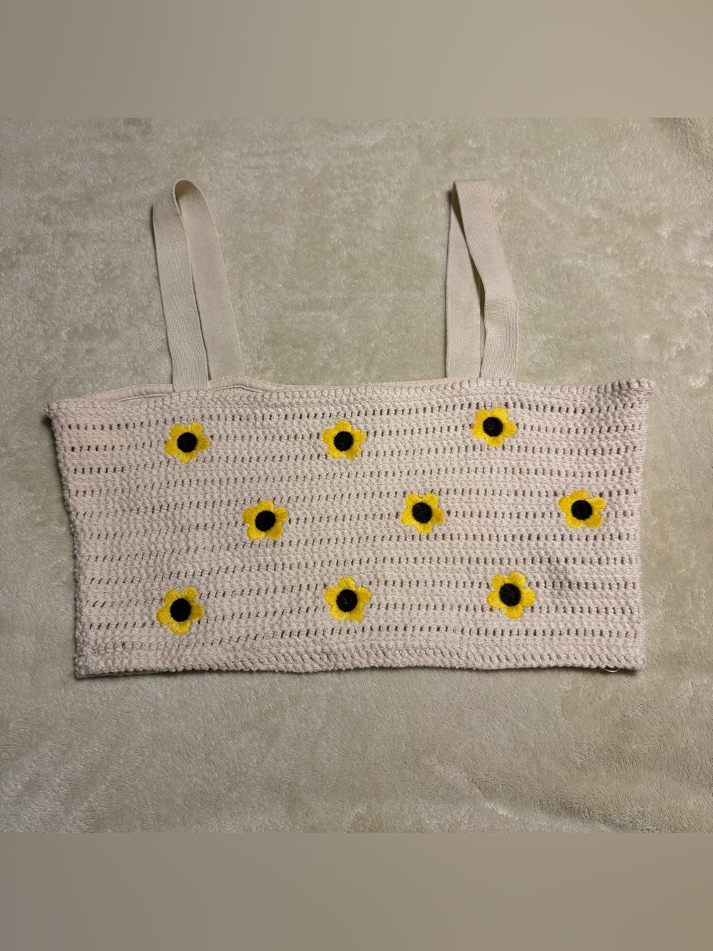 Zara Cream Crochet Crop Top with Yellow Sunflower Appliqués